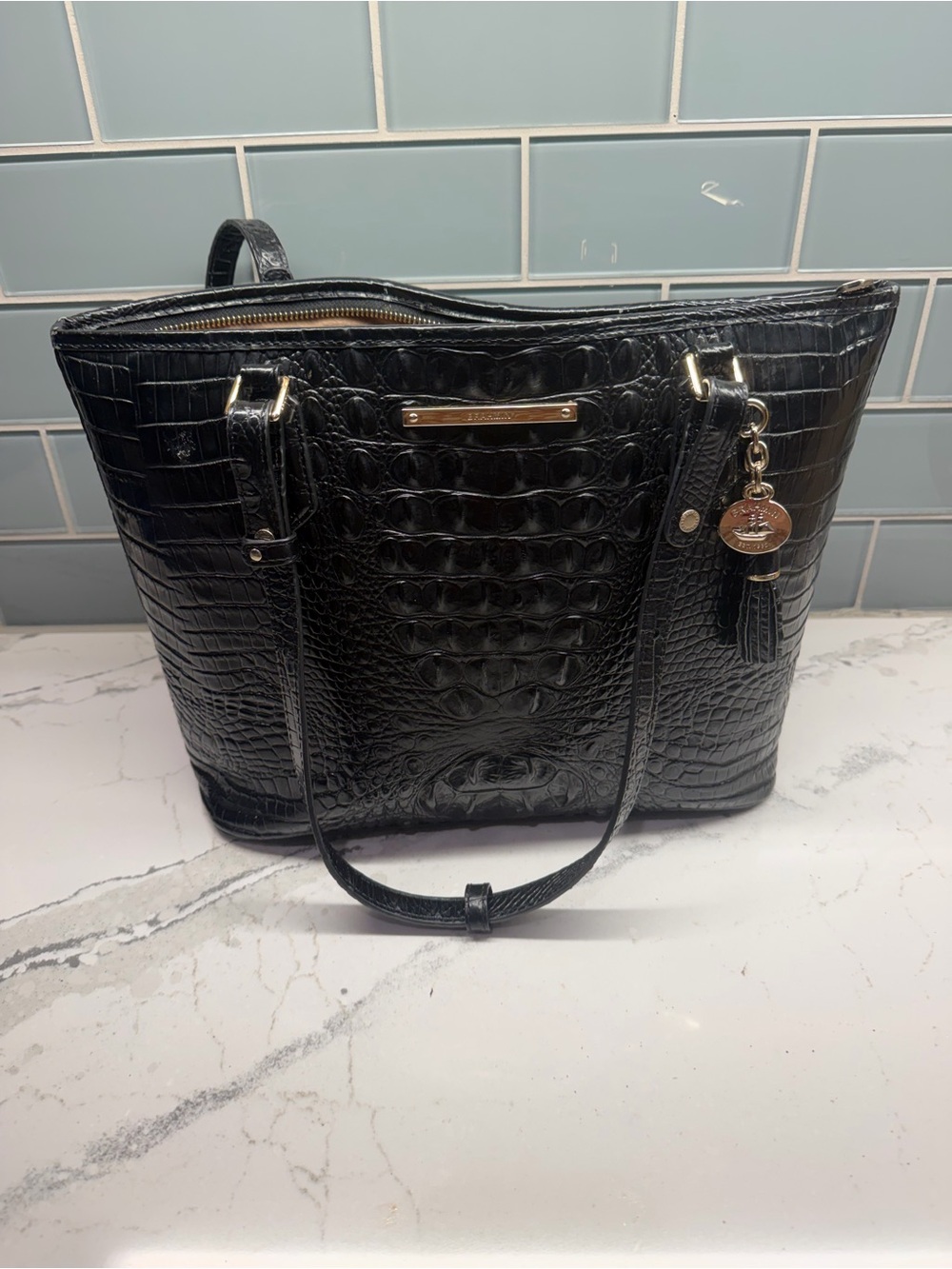 Brahmin Black Croc-Embossed Leather Shoulder Tote with Tassel Charm